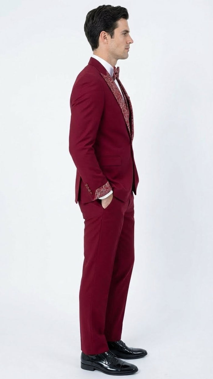 Men's Burgundy and White Embellished Tuxedo Suit - Slim Fit 3-Piece Formal Wedding, Prom, and Gala Outfit by USA Men's Outlet