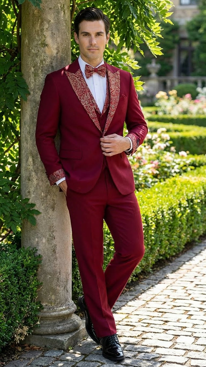 Men's Burgundy and White Embellished Tuxedo Suit - Slim Fit 3-Piece Formal Wedding, Prom, and Gala Outfit by USA Men's Outlet