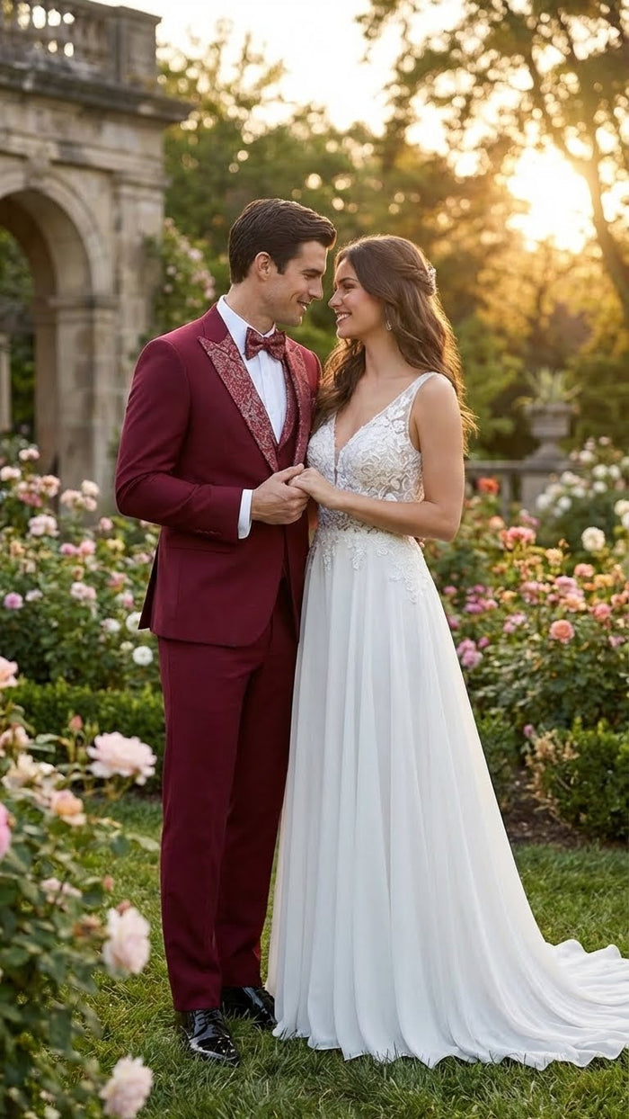 Men's Burgundy and White Embellished Tuxedo Suit - Slim Fit 3-Piece Formal Wedding, Prom, and Gala Outfit by USA Men's Outlet