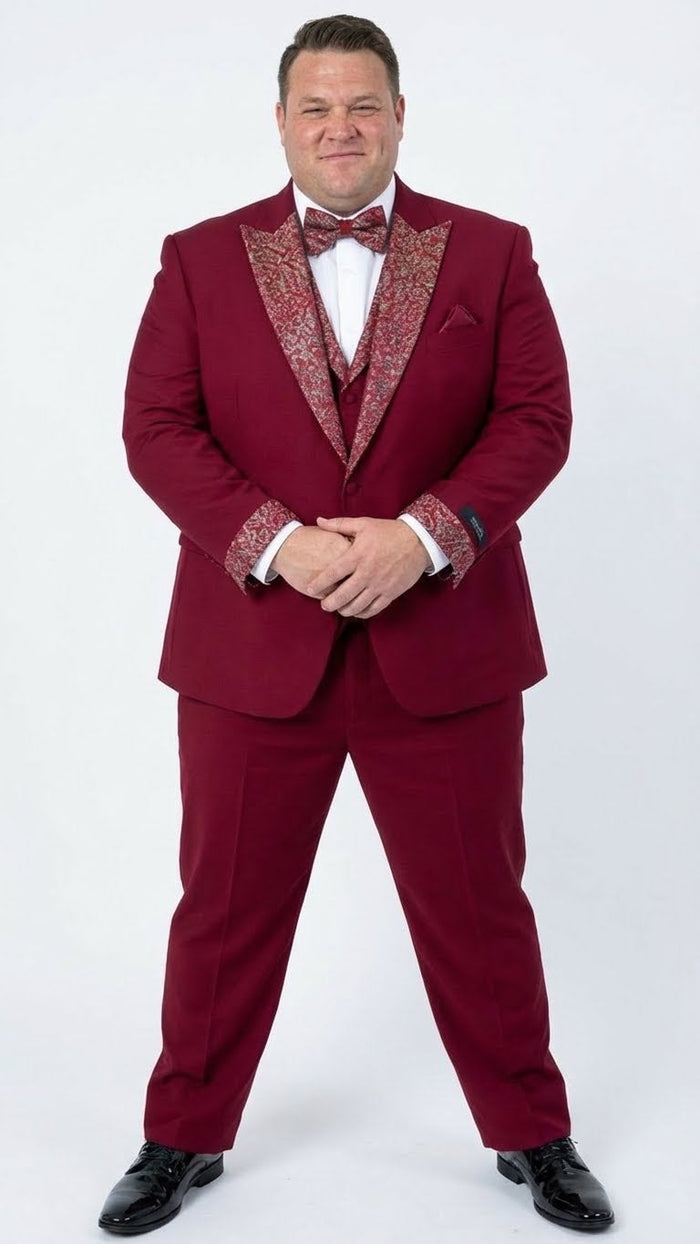 Men's Burgundy and White Embellished Tuxedo Suit - Slim Fit 3-Piece Formal Wedding, Prom, and Gala Outfit by USA Men's Outlet