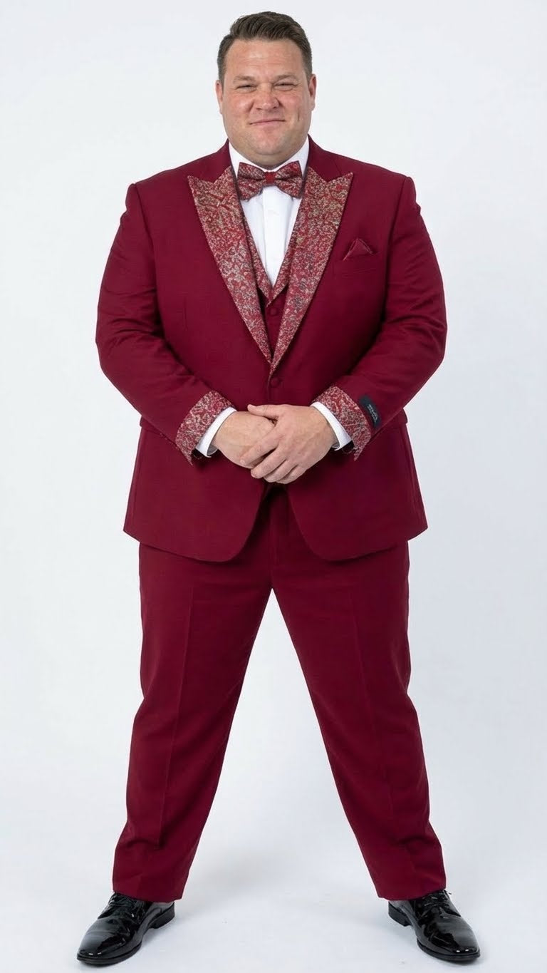 Men's Burgundy and White Embellished Tuxedo Suit - Slim Fit 3-Piece Formal Wedding, Prom, and Gala Outfit by USA Men's Outlet