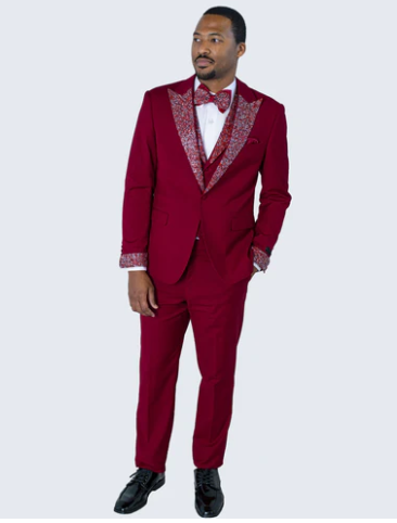 Men's Burgundy and White Embellished Tuxedo Suit - Slim Fit 3-Piece Formal Wedding, Prom, and Gala Outfit by USA Men's Outlet