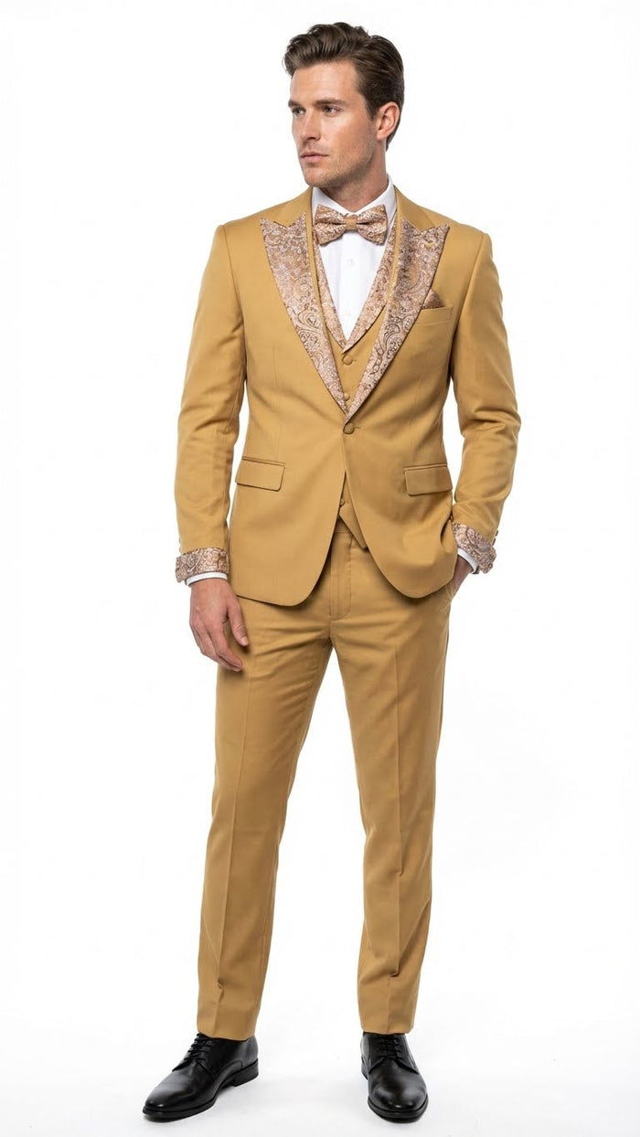 Men's Gold Embellished Tuxedo Suit + Bowtie - Slim Fit Jacket, Vest and Tailored Pants by USA Men's Outlet