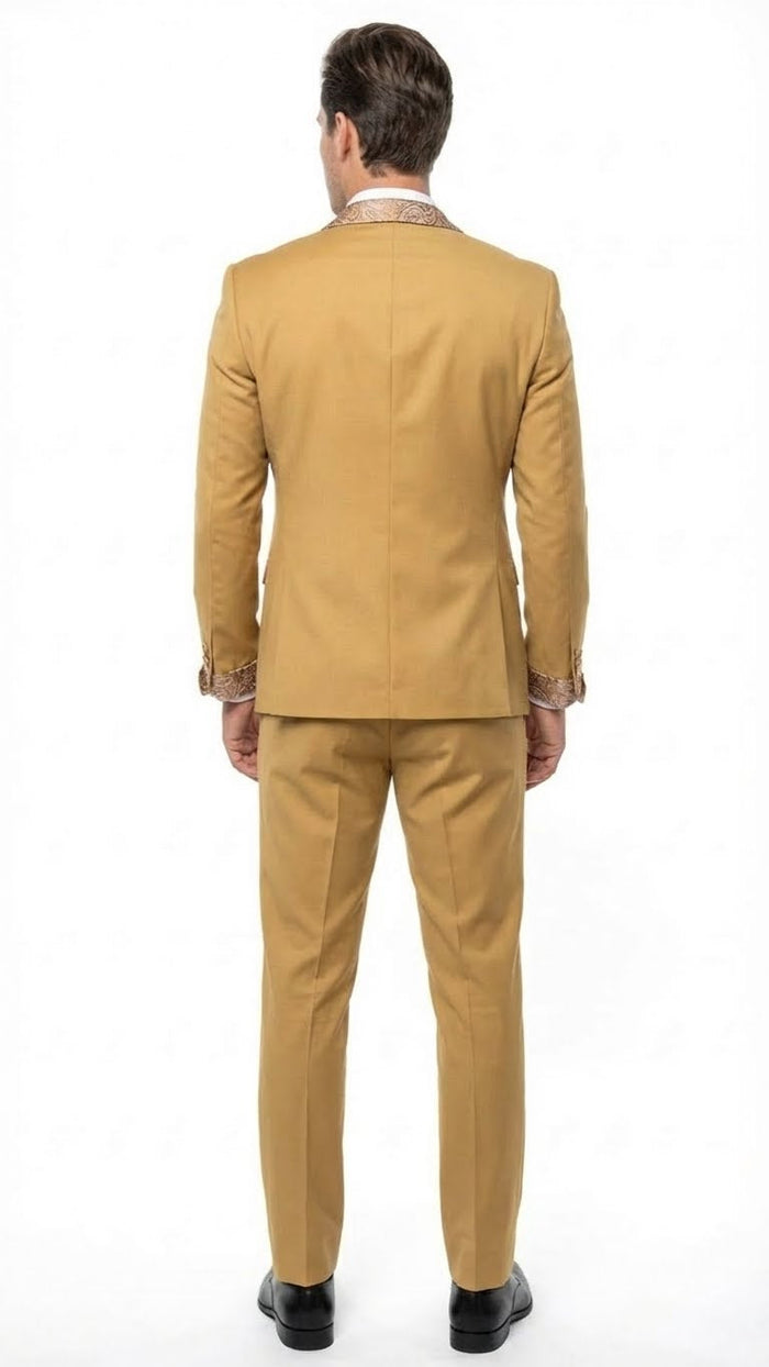 Men's Gold Embellished Tuxedo Suit + Bowtie - Slim Fit Jacket, Vest and Tailored Pants by USA Men's Outlet