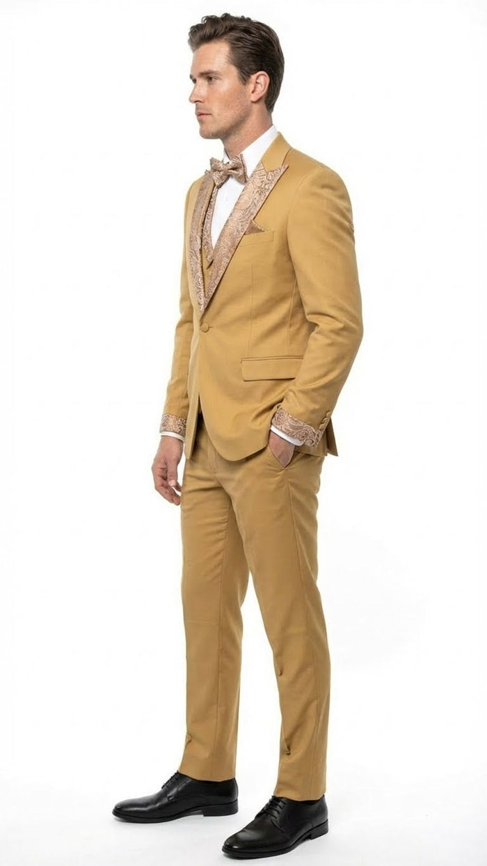 Men's Gold Embellished Tuxedo Suit + Bowtie - Slim Fit Jacket, Vest and Tailored Pants by USA Men's Outlet