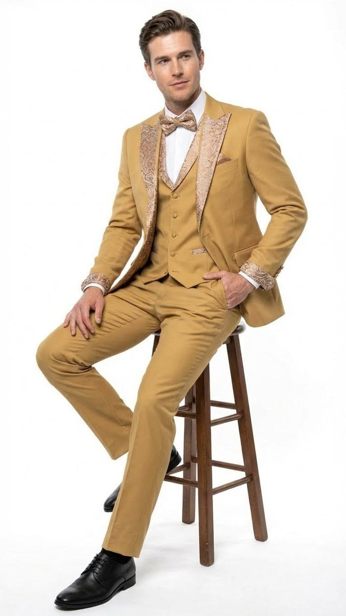 Men's Gold Embellished Tuxedo Suit + Bowtie - Slim Fit Jacket, Vest and Tailored Pants by USA Men's Outlet