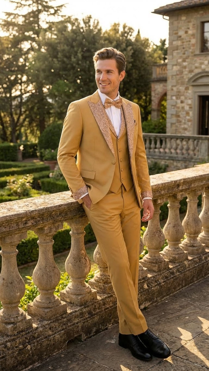 Men's Gold Embellished Tuxedo Suit + Bowtie - Slim Fit Jacket, Vest and Tailored Pants by USA Men's Outlet