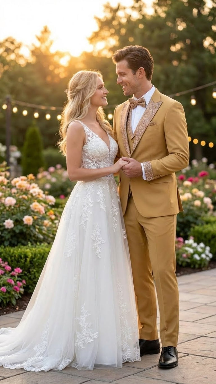 Men's Gold Embellished Tuxedo Suit + Bowtie - Slim Fit Jacket, Vest and Tailored Pants by USA Men's Outlet