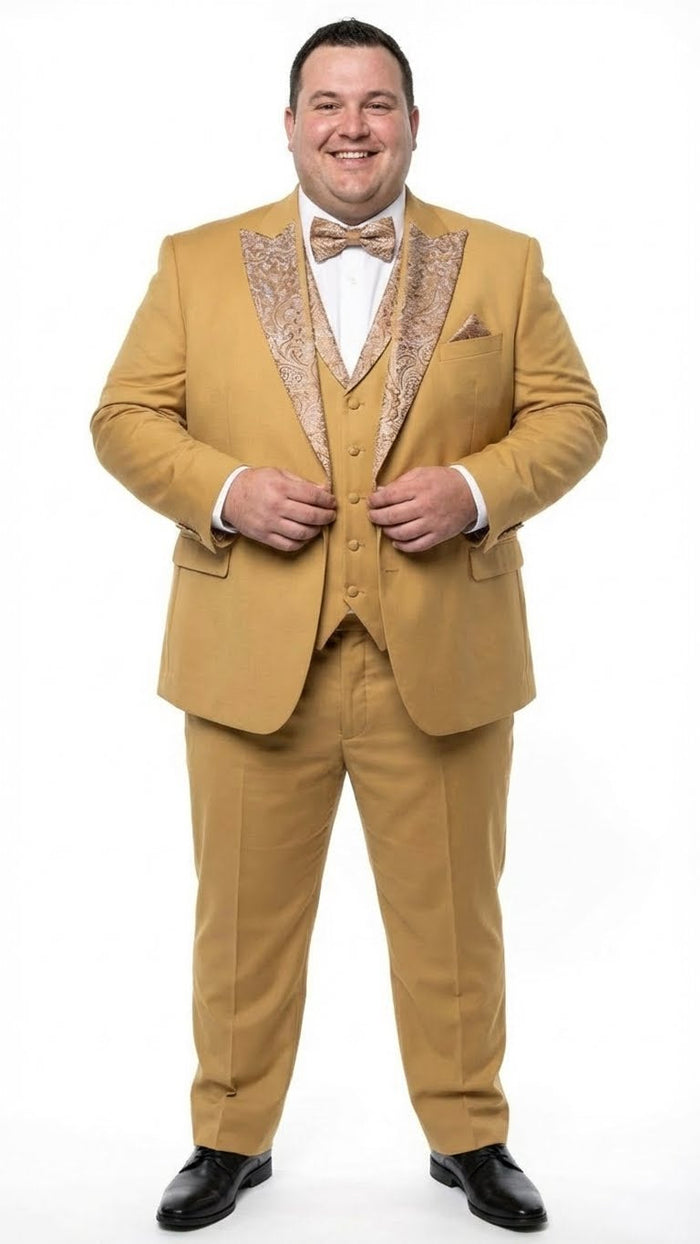 Men's Gold Embellished Tuxedo Suit + Bowtie - Slim Fit Jacket, Vest and Tailored Pants by USA Men's Outlet