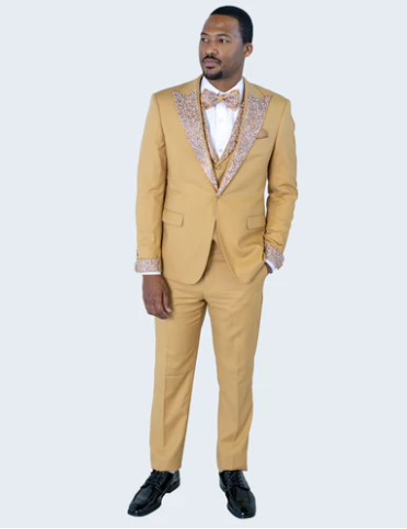 Men's Gold Embellished Tuxedo Suit + Bowtie – Slim Fit Jacket, Vest and Tailored Pants