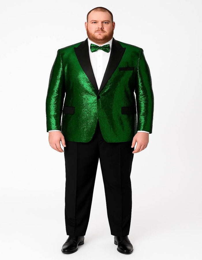 Men's Green Sequin Tuxedo Jacket with Black Satin Lapel and Bow Tie - Sparkling Party and Stage Blazer By Alberto Nardoni USA Men's Outlet
