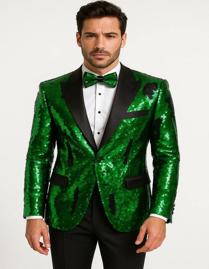 Men's Green Sequin Tuxedo Jacket with Black Satin Lapel and Bow Tie - Sparkling Party and Stage Blazer By Alberto Nardoni USA Men's Outlet