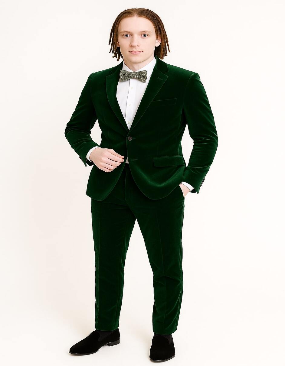 Men’s Emerald Green Velvet Suit – Slim Fit Tuxedo for Weddings, Prom, and Carpet Events