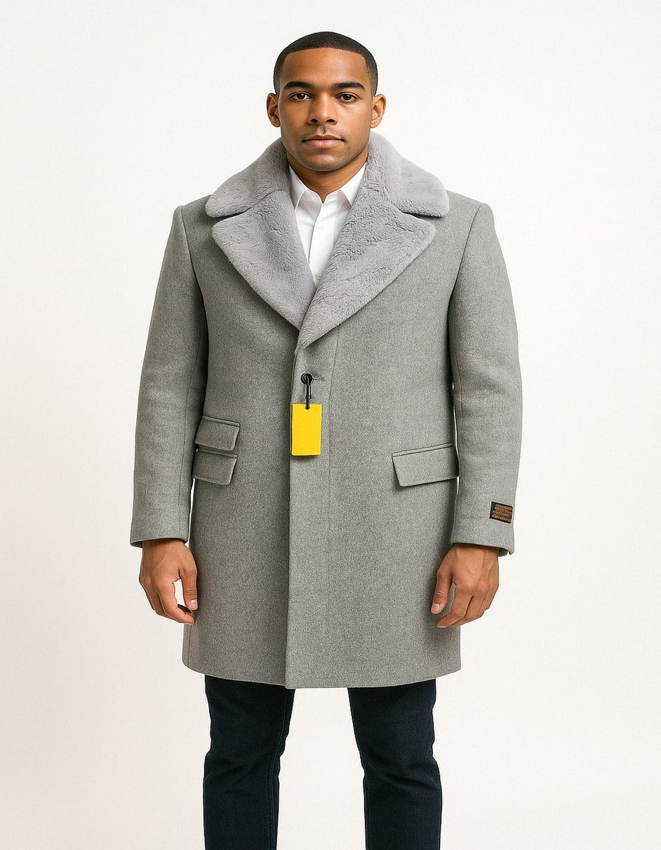 Men’s Grey Wool Overcoat with Plush Faux Fur Shawl Collar – Winter Luxury Coat