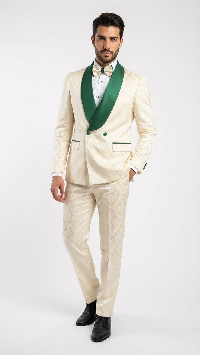 Men's Ivory and Emerald Green Jacquard Tuxedo Suit + Bowtie - 3-Piece Formal Wedding, Prom, and Gala Outfit by USA Men's Outlet