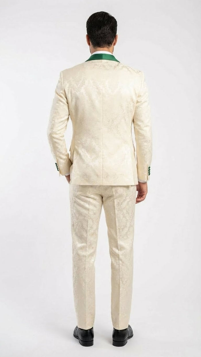 Men's Ivory and Emerald Green Jacquard Tuxedo Suit + Bowtie - 3-Piece Formal Wedding, Prom, and Gala Outfit by USA Men's Outlet