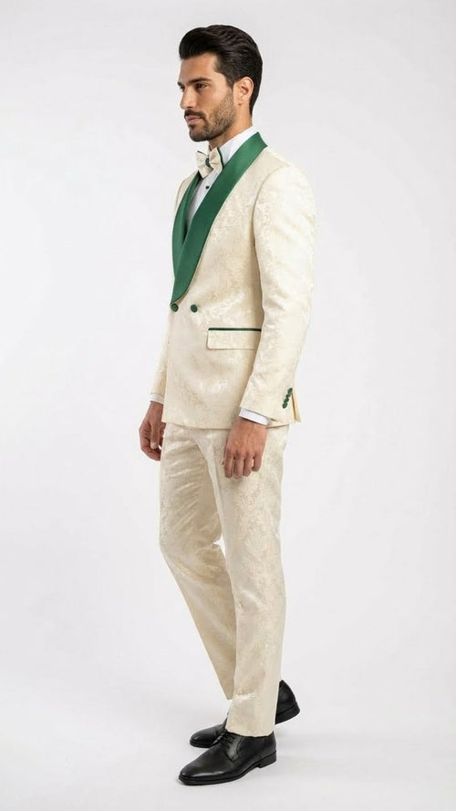 Men's Ivory and Emerald Green Jacquard Tuxedo Suit + Bowtie – 3-Piece Formal Wedding, Prom, and Gala Outfit