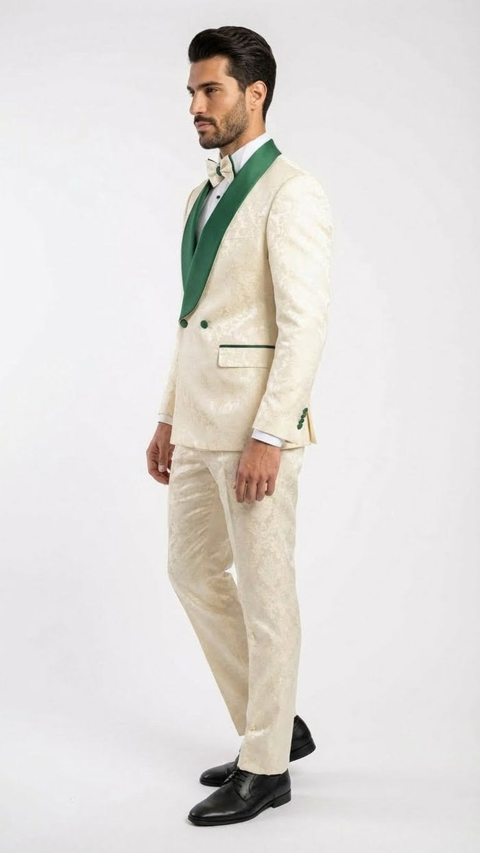 Men's Ivory and Emerald Green Jacquard Tuxedo Suit + Bowtie - 3-Piece Formal Wedding, Prom, and Gala Outfit by USA Men's Outlet