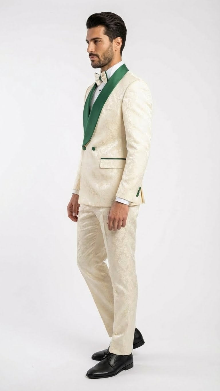 Men's Ivory and Emerald Green Jacquard Tuxedo Suit + Bowtie - 3-Piece Formal Wedding, Prom, and Gala Outfit by USA Men's Outlet