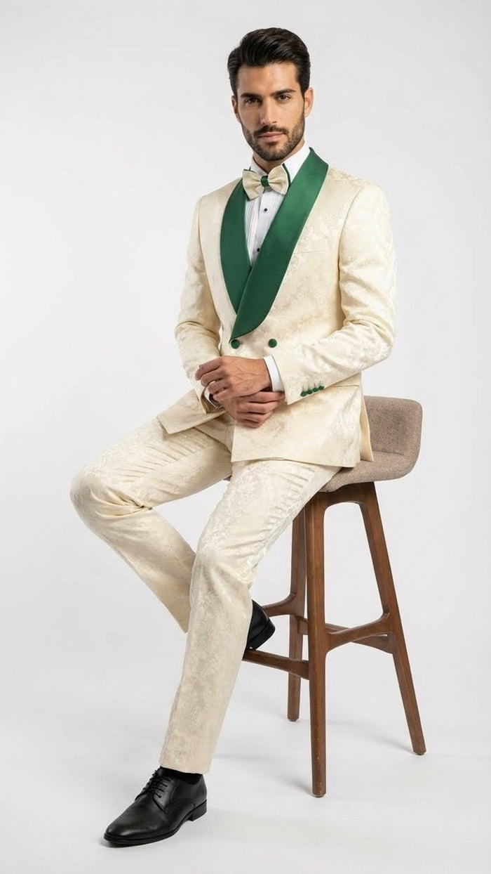 Men's Ivory and Emerald Green Jacquard Tuxedo Suit + Bowtie - 3-Piece Formal Wedding, Prom, and Gala Outfit by USA Men's Outlet