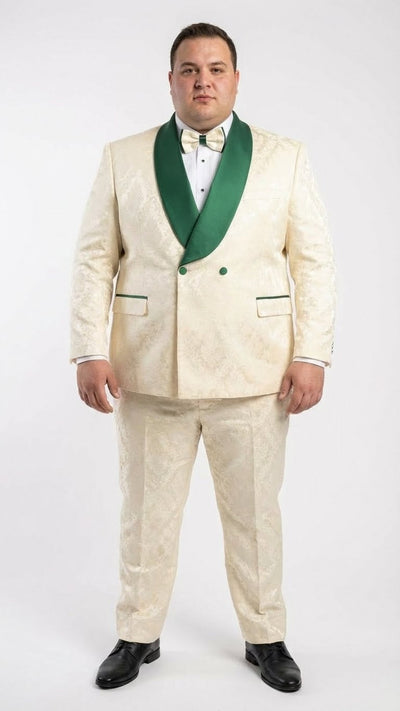 Men's Ivory and Emerald Green Jacquard Tuxedo Suit + Bowtie - 3-Piece Formal Wedding, Prom, and Gala Outfit by USA Men's Outlet