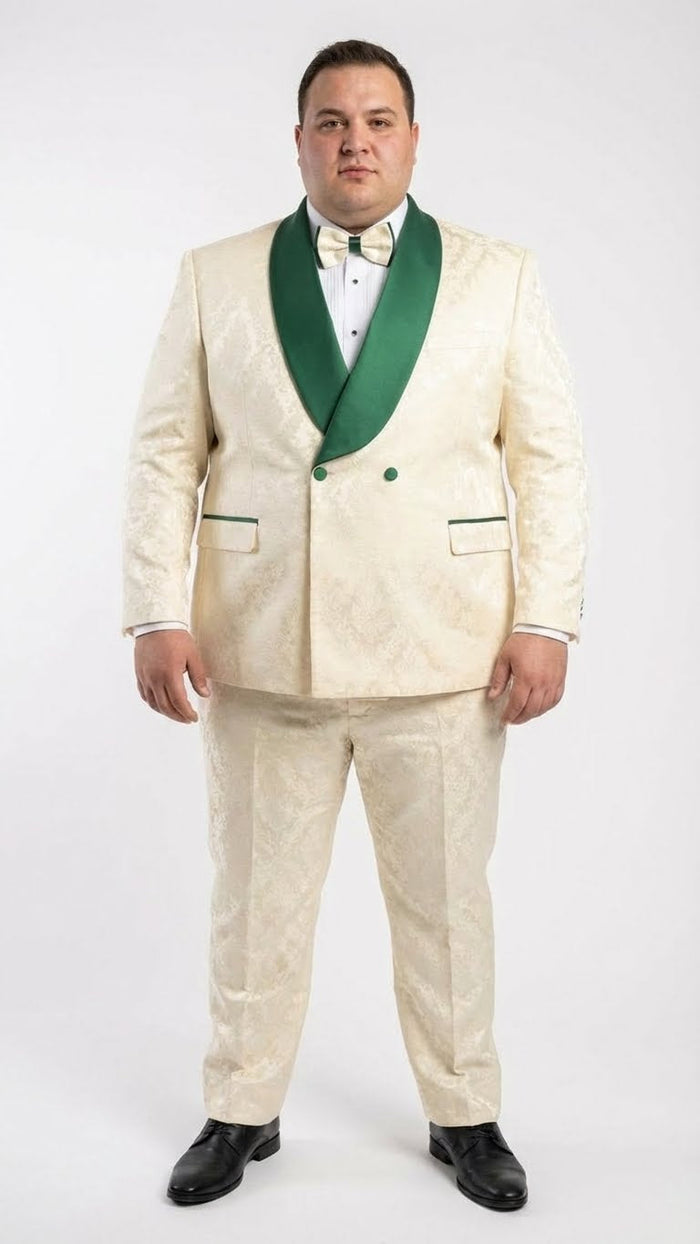Men's Ivory and Emerald Green Jacquard Tuxedo Suit + Bowtie - 3-Piece Formal Wedding, Prom, and Gala Outfit by USA Men's Outlet