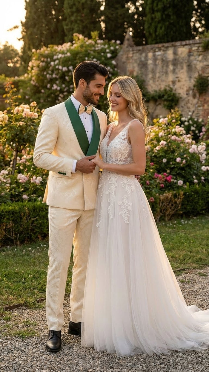Men's Ivory and Emerald Green Jacquard Tuxedo Suit + Bowtie - 3-Piece Formal Wedding, Prom, and Gala Outfit by USA Men's Outlet