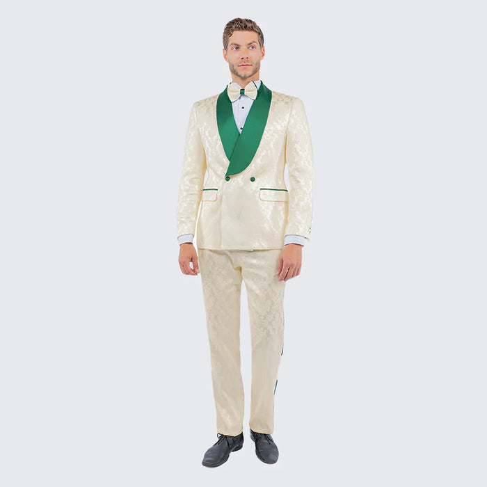 Men's Ivory and Emerald Green Jacquard Tuxedo Suit + Bowtie - 3-Piece Formal Wedding, Prom, and Gala Outfit by USA Men's Outlet