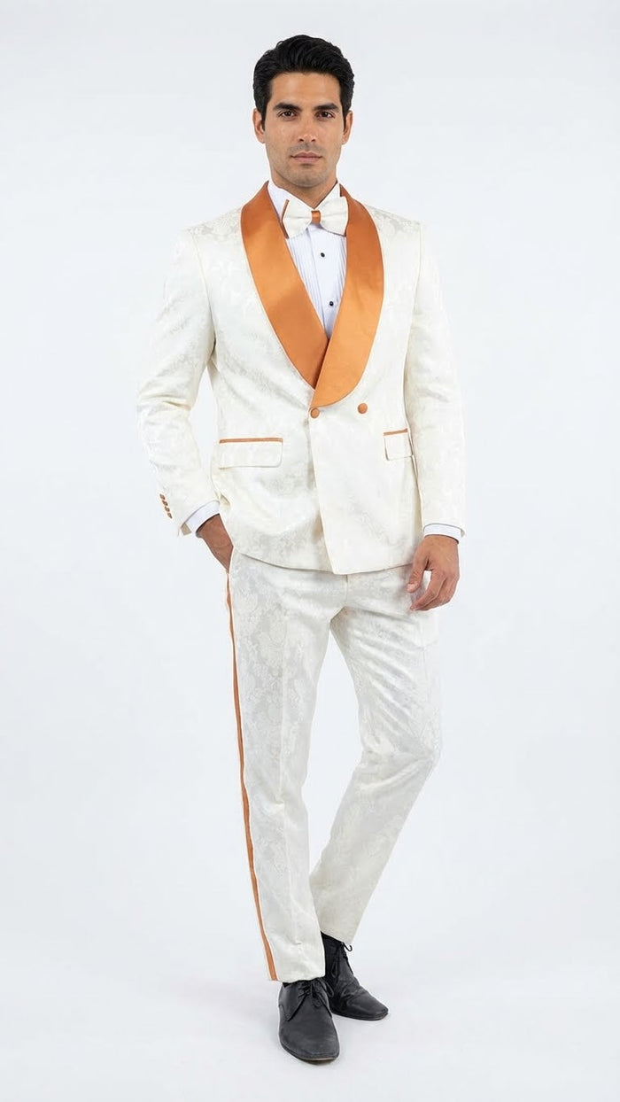 Men's Ivory and Gold Jacquard Tuxedo Suit + Bowtie - Formal Wedding, Prom, and Gala Outfit in Cream Off White color by USA Men's Outlet