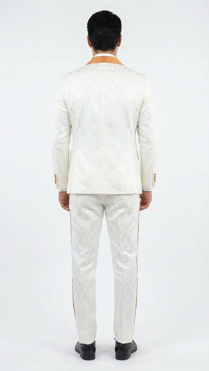 Men's Ivory and Gold Jacquard Tuxedo Suit + Bowtie - Formal Wedding, Prom, and Gala Outfit in Cream Off White color by USA Men's Outlet