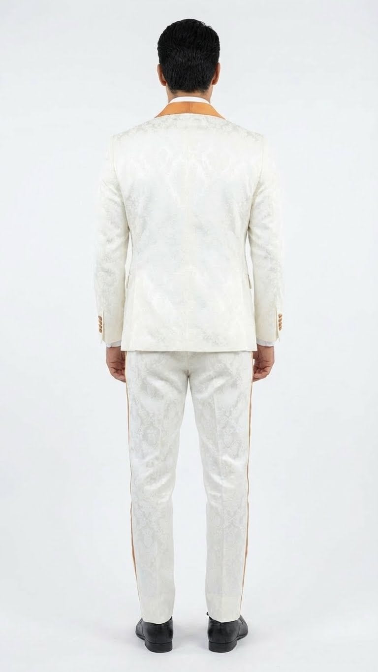 Men's Ivory and Gold Jacquard Tuxedo Suit + Bowtie - Formal Wedding, Prom, and Gala Outfit in Cream Off White color by USA Men's Outlet