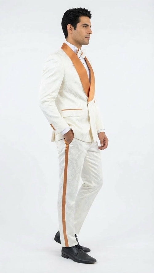 Men's Ivory and Gold Jacquard Tuxedo Suit + Bowtie - Formal Wedding, Prom, and Gala Outfit in Cream Off White color by USA Men's Outlet