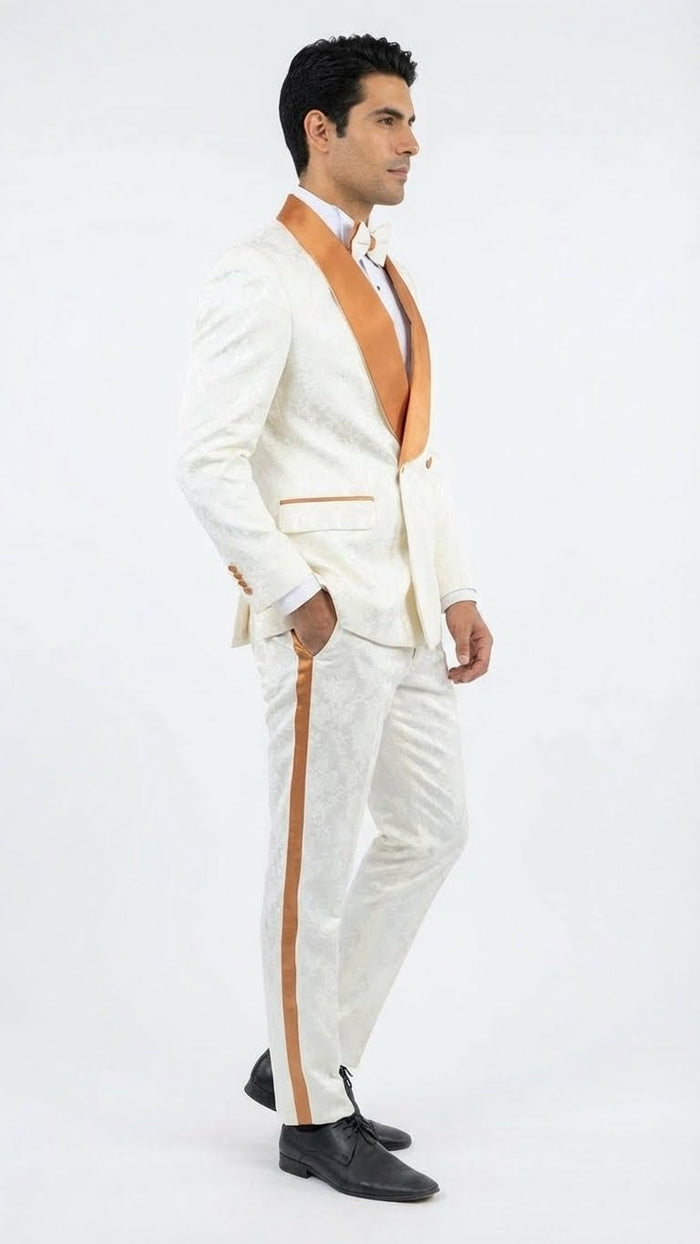 Men's Ivory and Gold Jacquard Tuxedo Suit + Bowtie - Formal Wedding, Prom, and Gala Outfit in Cream Off White color by USA Men's Outlet