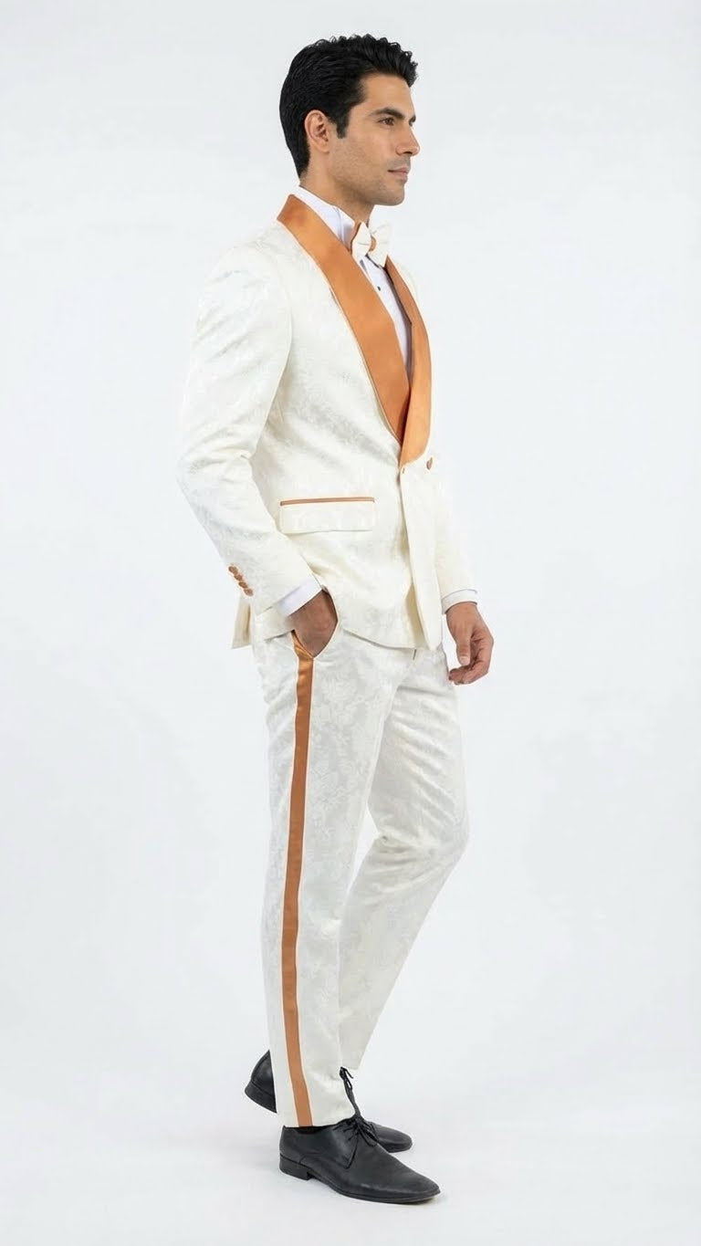 Men's Ivory and Gold Jacquard Tuxedo Suit + Bowtie - Formal Wedding, Prom, and Gala Outfit in Cream Off White color by USA Men's Outlet