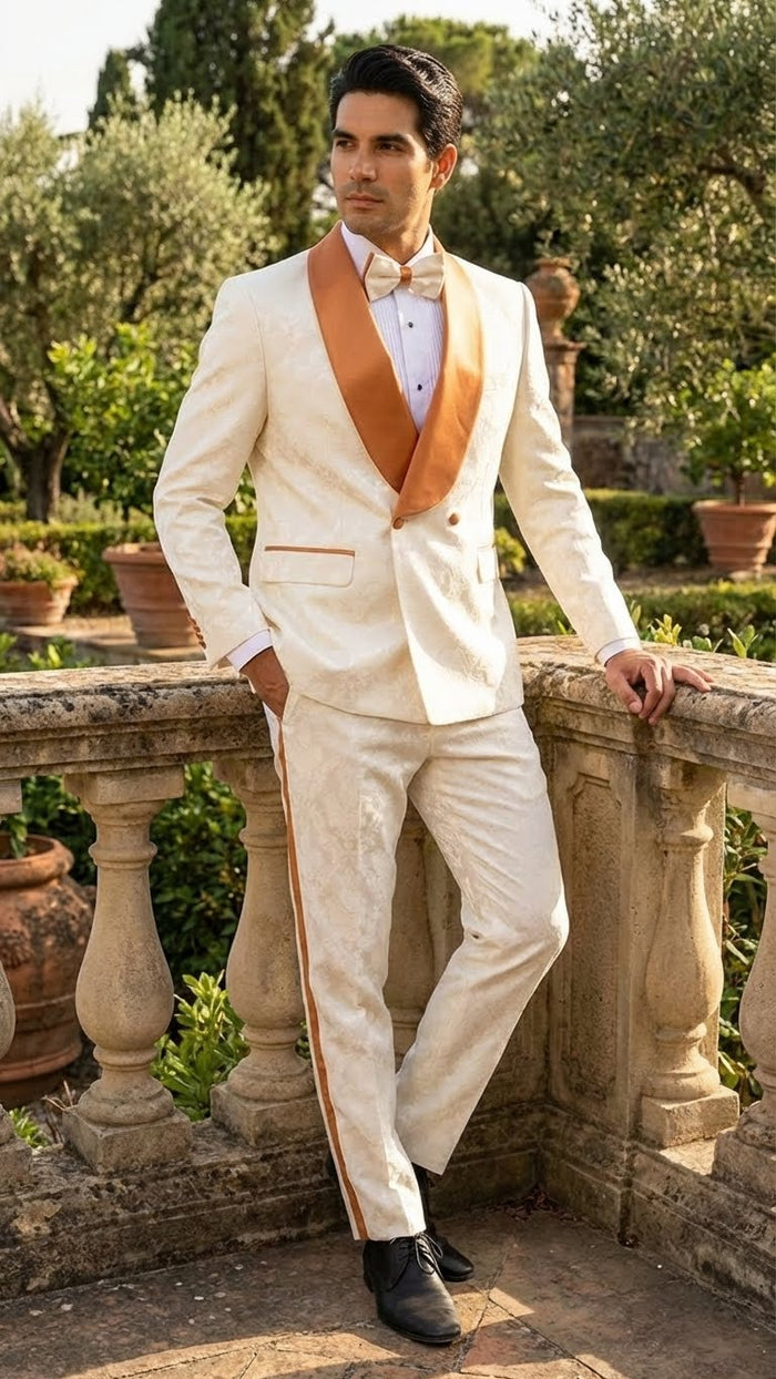 Men's Ivory and Gold Jacquard Tuxedo Suit + Bowtie - Formal Wedding, Prom, and Gala Outfit in Cream Off White color by USA Men's Outlet