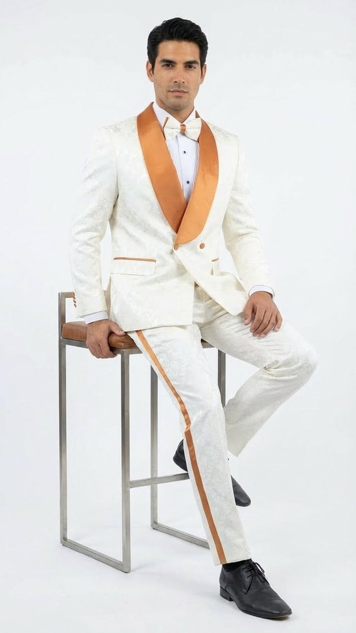 Men's Ivory and Gold Jacquard Tuxedo Suit + Bowtie - Formal Wedding, Prom, and Gala Outfit in Cream Off White color by USA Men's Outlet