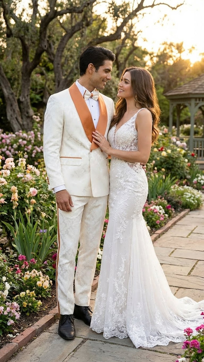 Men's Ivory and Gold Jacquard Tuxedo Suit + Bowtie - Formal Wedding, Prom, and Gala Outfit in Cream Off White color by USA Men's Outlet