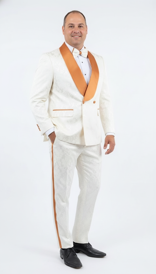 Boy's Outlet Ivory and Gold Jacquard Tuxedo Suit + Bowtie Formal Wedding, Prom 2026, Gala Outfit Cream Off White Color 34 Short or Extra Small Boy's Outlet Ivory and Gold Jacquard Tuxedo Suit + Bowtie Formal Wedding, Prom 2026, Gala Outfit Cream Off White Color 34 Short or Extra Small
