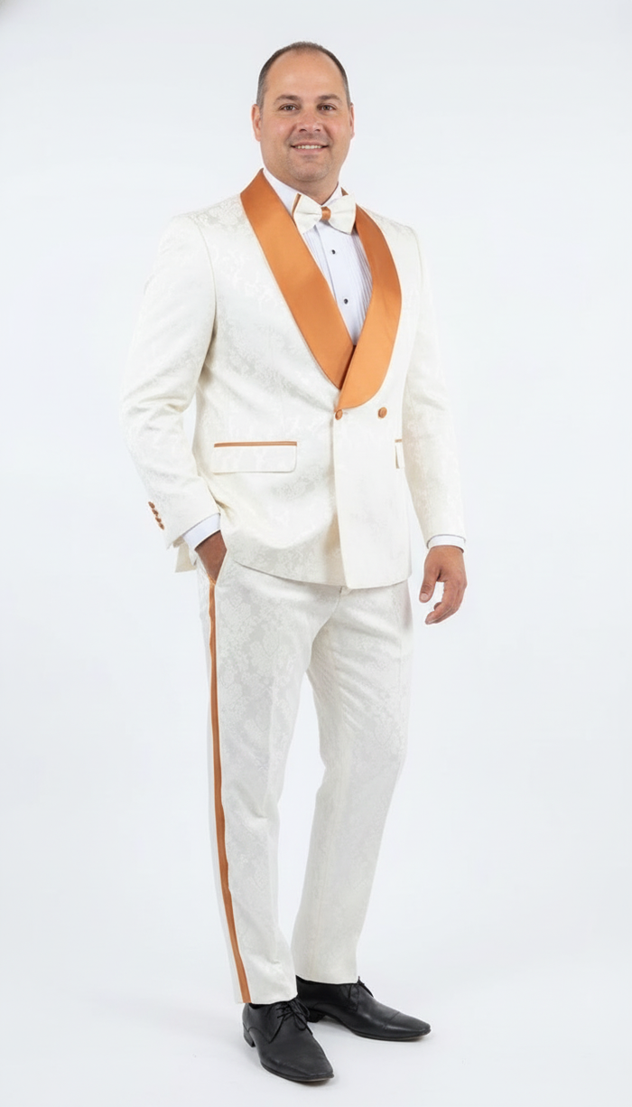 Men's Ivory and Gold Jacquard Tuxedo Suit + Bowtie - Formal Wedding, Prom, and Gala Outfit in Cream Off White color by USA Men's Outlet