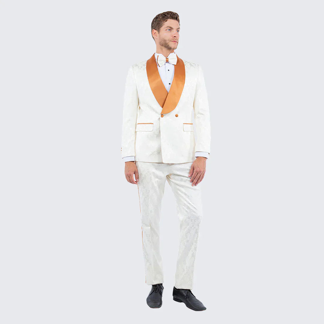 Men's Ivory and Gold Jacquard Tuxedo Suit + Bowtie - Formal Wedding, Prom, and Gala Outfit in Cream Off White color by USA Men's Outlet