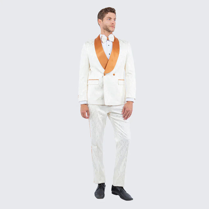 Men's Ivory and Gold Jacquard Tuxedo Suit + Bowtie - Formal Wedding, Prom, and Gala Outfit in Cream Off White color by USA Men's Outlet