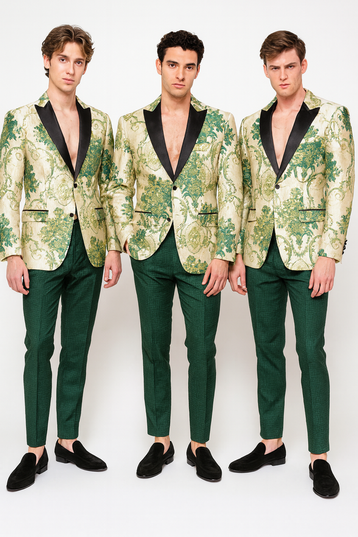 Men’s Ivory and Green Suit Floral Embroidered Tuxedo Jacket with Black Satin Lapel - Designer Blazer for Weddings With Hutner Green Pants by Men'sUSA