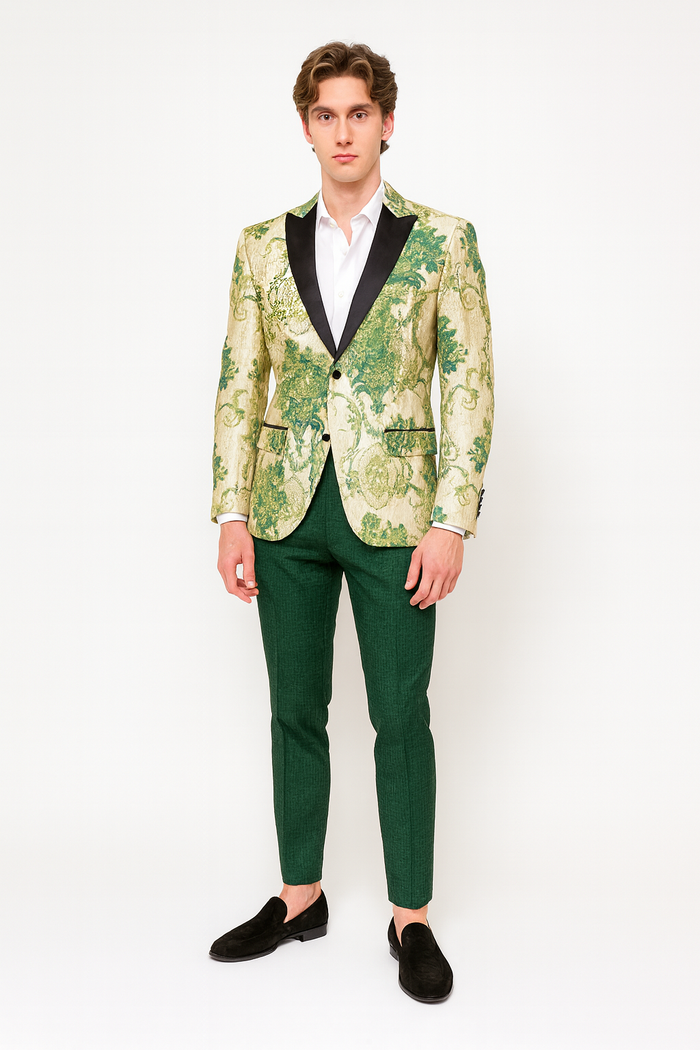Men’s Ivory and Green Suit Floral Embroidered Tuxedo Jacket with Black Satin Lapel - Designer Blazer for Weddings With Hutner Green Pants by Men'sUSA