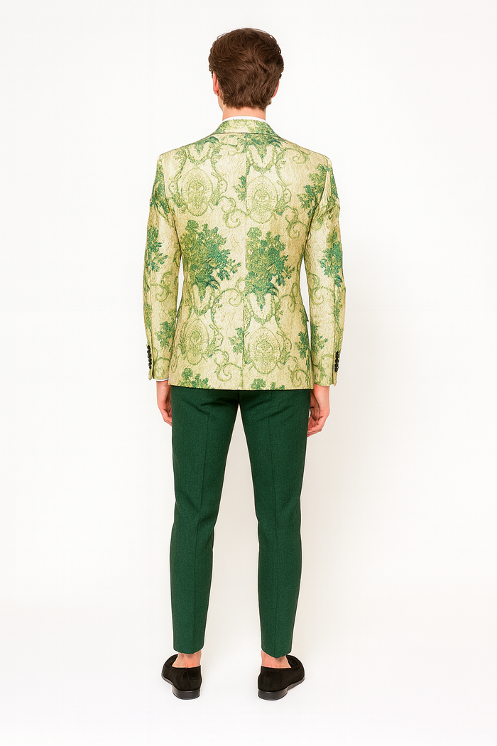Men’s Ivory and Green Suit Floral Embroidered Tuxedo Jacket with Black Satin Lapel - Designer Blazer for Weddings With Hutner Green Pants by Men'sUSA
