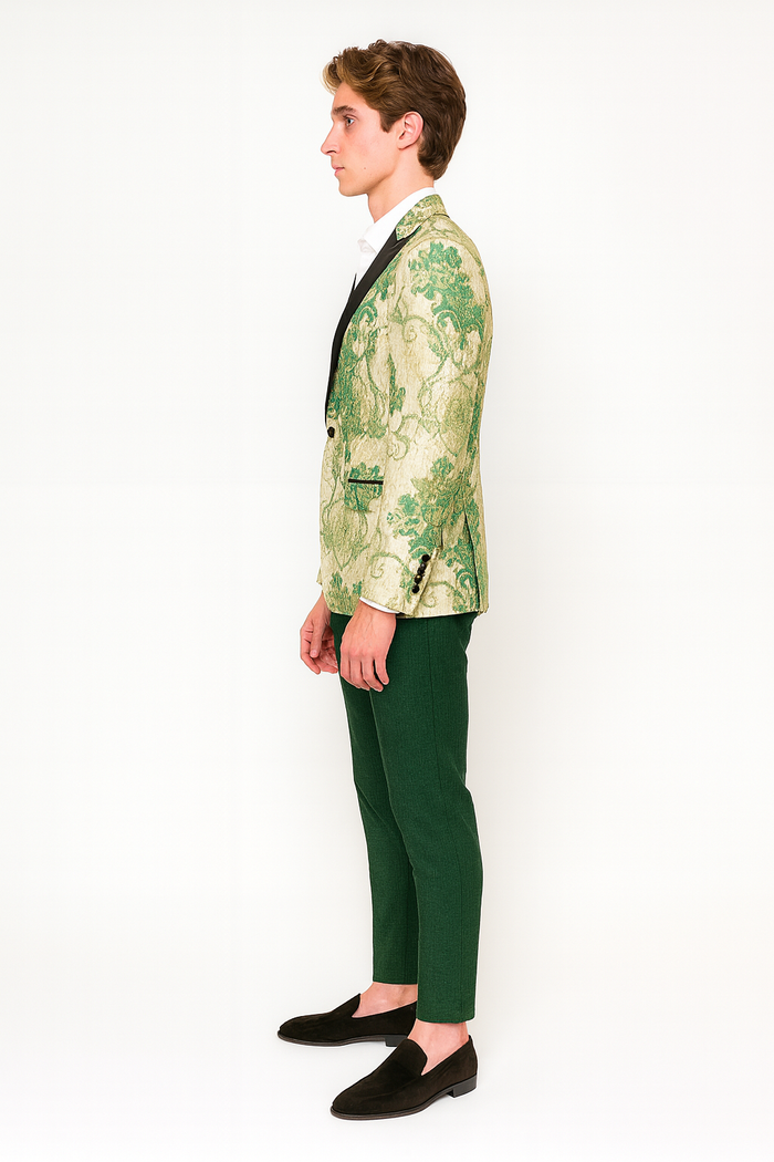 Men’s Ivory and Green Suit Floral Embroidered Tuxedo Jacket with Black Satin Lapel - Designer Blazer for Weddings With Hutner Green Pants by Men'sUSA