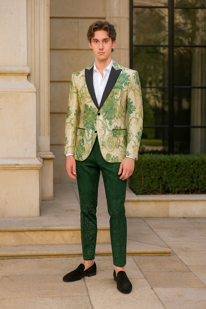 Men’s Ivory and Green Suit Floral Embroidered Tuxedo Jacket with Black Satin Lapel - Designer Blazer for Weddings With Hutner Green Pants by Men'sUSA