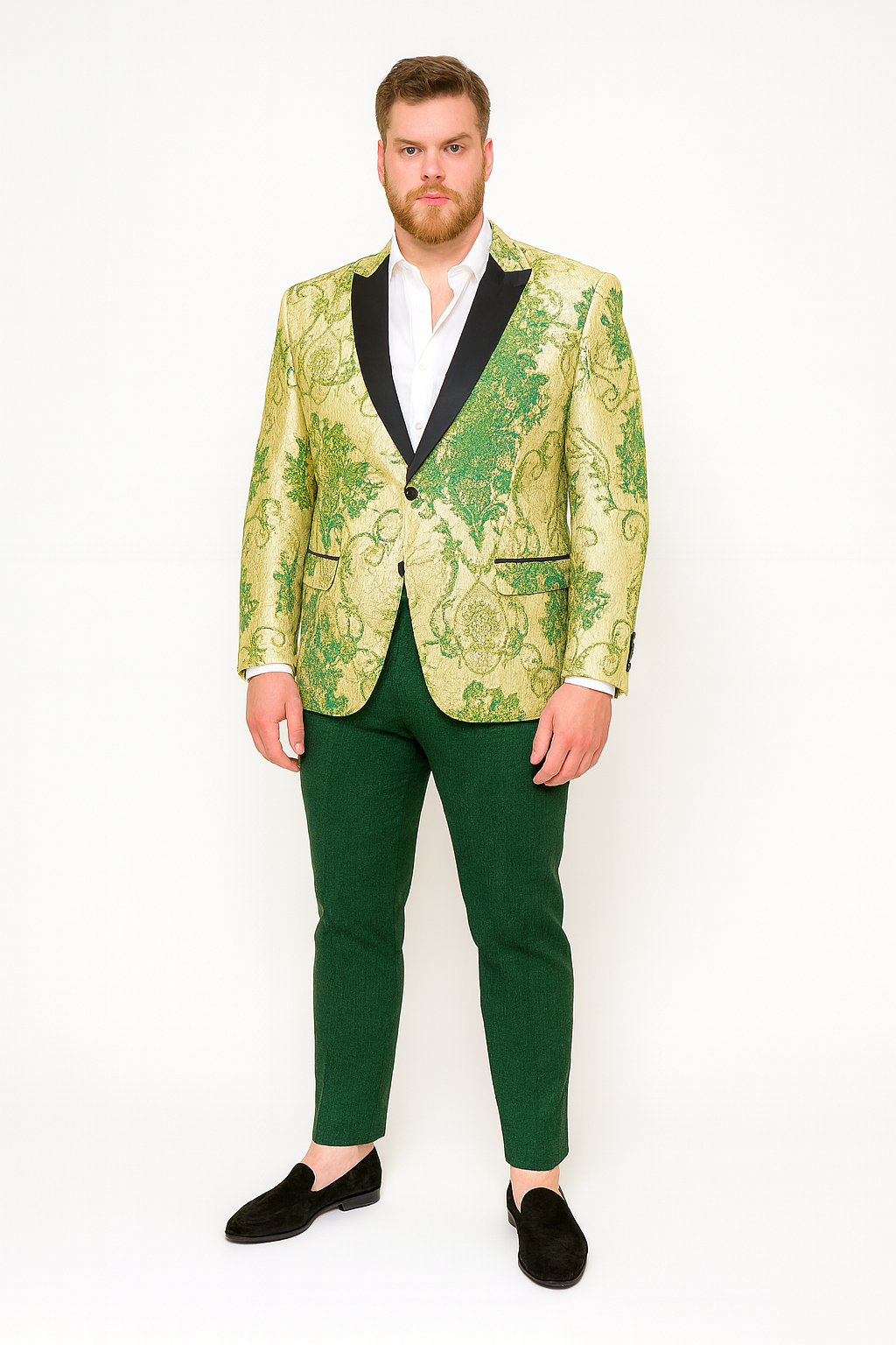 Men’s Ivory and Green Suit Floral Embroidered Tuxedo Jacket with Black Satin Lapel – Designer Blazer for Weddings With Hutner Green Pants