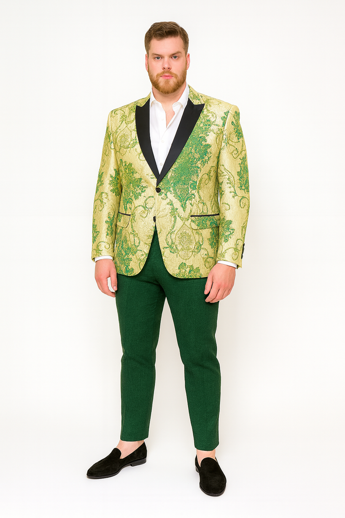 Men’s Ivory and Green Suit Floral Embroidered Tuxedo Jacket with Black Satin Lapel - Designer Blazer for Weddings With Hutner Green Pants by Men'sUSA