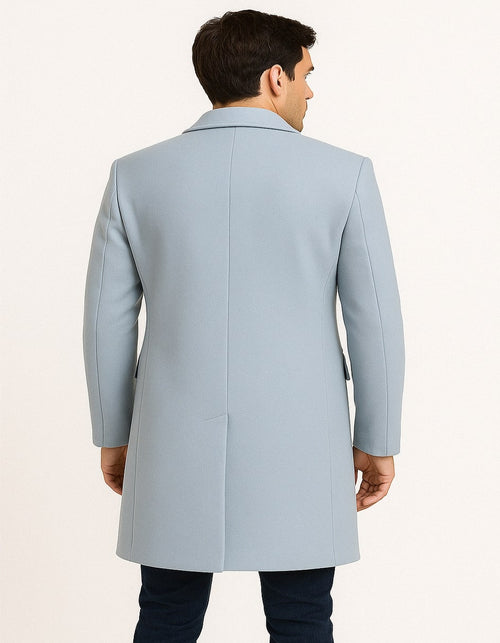 Men’s Light Blue Wool Overcoat - Classic Single-Breasted Long Coat - Sky Blue Carcoat Wool Fabric by USA Men's Outlet