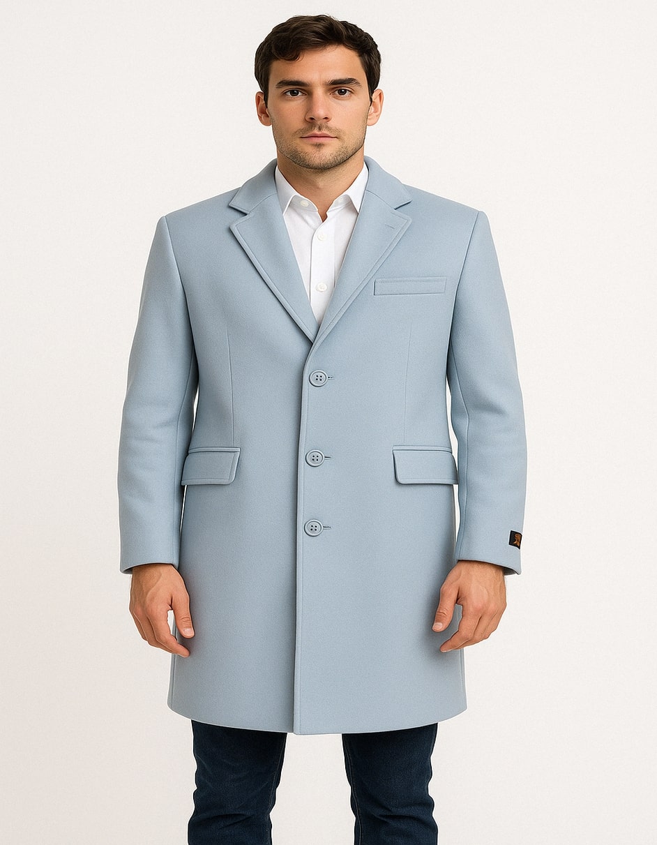 Men’s Light Blue Wool Overcoat - Classic Single-Breasted Long Coat - Sky Blue Carcoat Wool Fabric by USA Men's Outlet